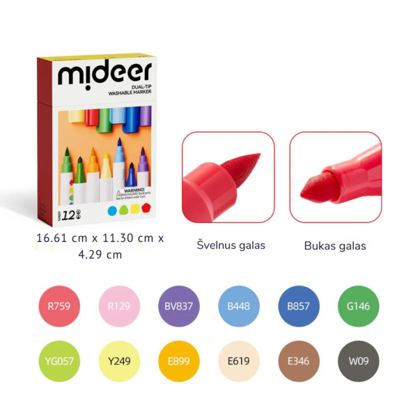Mideer Dvipusiai nuplaunami markeriai / flomasteriai – 12 spalvų