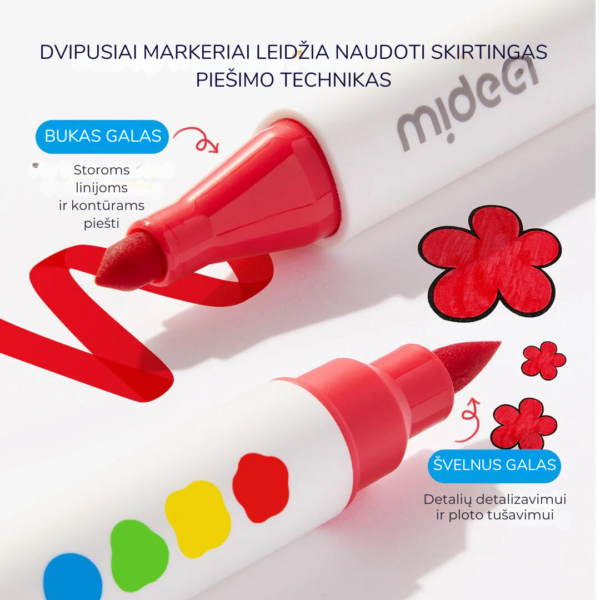 Mideer Dvipusiai nuplaunami markeriai / flomasteriai – 12 spalvų
