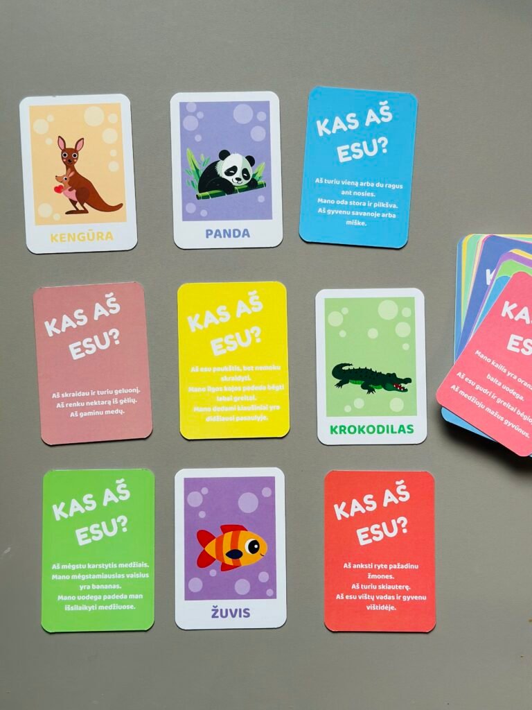 „Kas aš esu?“ – Gyvūnų spėjimo žaidimo kortelės