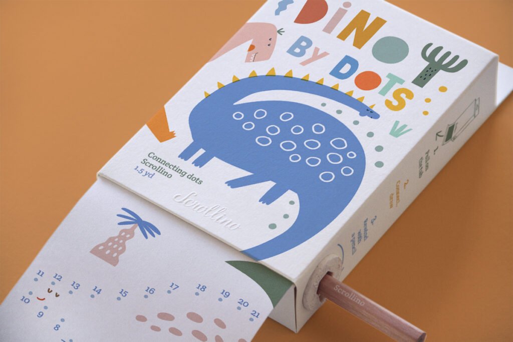 Scrollino Dino by Dots taškų jungimo ir spalvinimo knyga ritinys