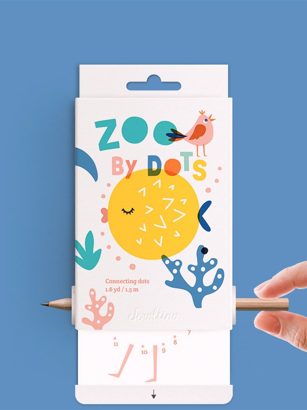 Scrollino Zoo by Dots taškų jungimo ir spalvinimo knyga ritinys