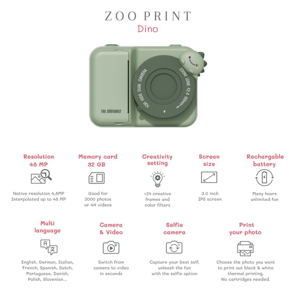 The Zoo Family Zoo Print - Dino Green vaikiškas fotoaparatas dinozauras